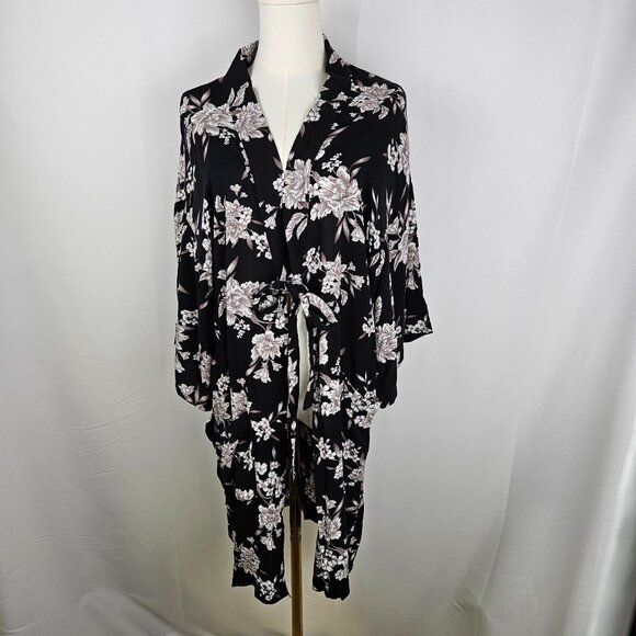 Spiritual Gangster Maya Kimono Robe Cardigan OS Black Cream Floral Layering - Picture 4 of 13